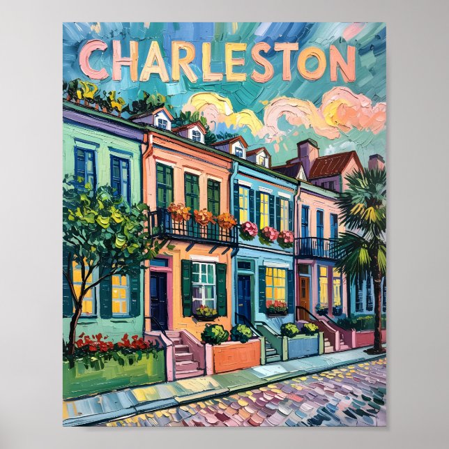 Poster Charleston Rainbow Row Van Gogh Style Pintura A Ól (Frente)