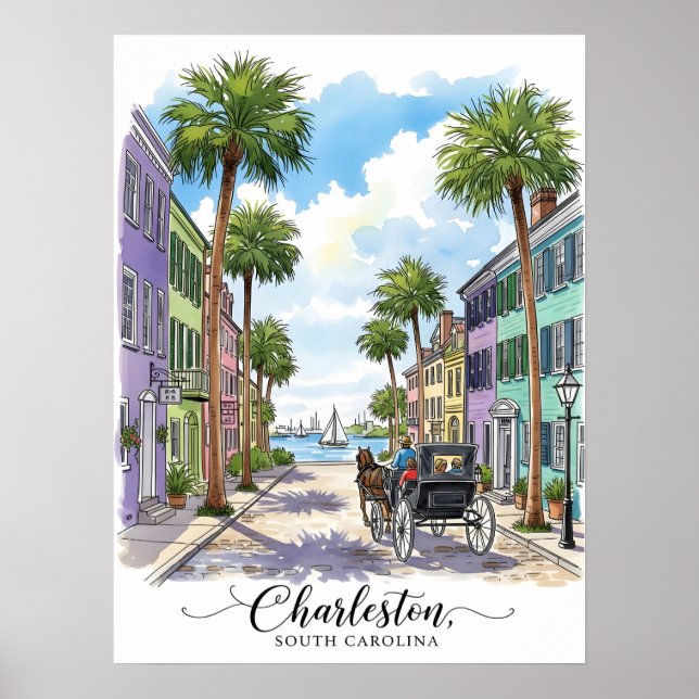 Poster Charleston South Carolina carruagem desenhada (Frente)