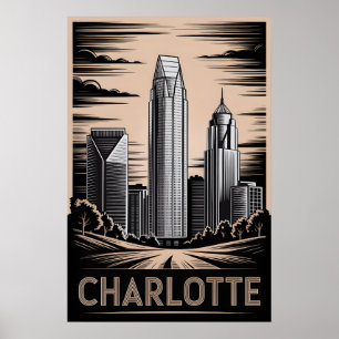 Poster Charlotte Carolina do Norte Preto Branco Xilogravu