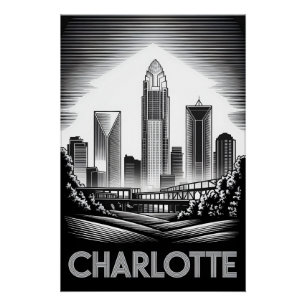 Póster Charlotte Carolina do Norte Preto Branco Xilogravu