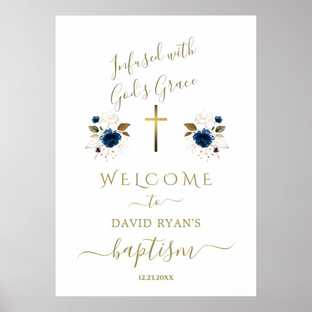 Poster Charm Blue Flowers Dourado Boy Baptism Sinal de Bo (Frente)