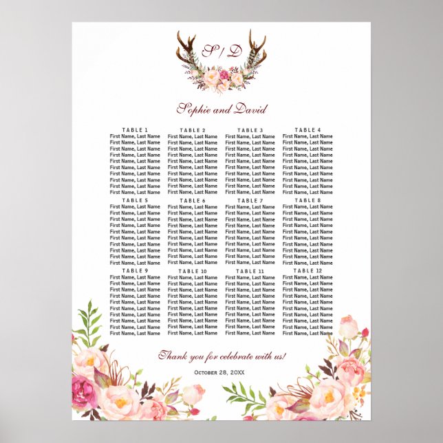 Poster Charm Blush Flowers Antlers Casamento (Frente)