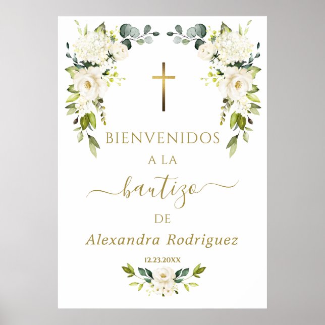 Poster Charm White Flowers Bem-Vindo Sinal de Batismo Esp (Frente)