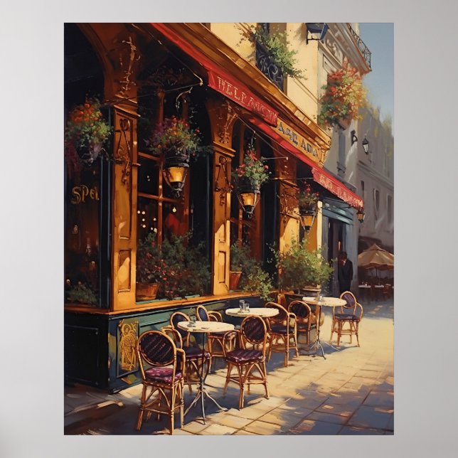 Poster Charming Cafe Bistro em um dia ensolarado em Paris (Frente)