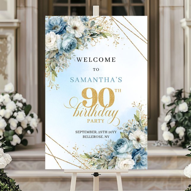 Poster Charming dusty blue florals gold frame 90 birthday (Charming dusty blue florals gold frame 90th birthday

)
