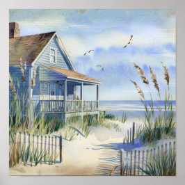 Poster Charming Old Art Beach Cottage