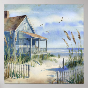 Poster Charming Old Art Beach Cottage