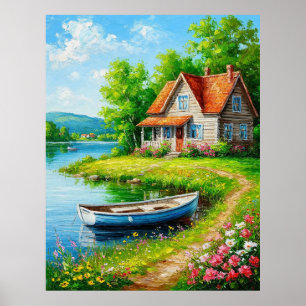 Poster Charmoso Chalé à Beira do Lago com um Barco