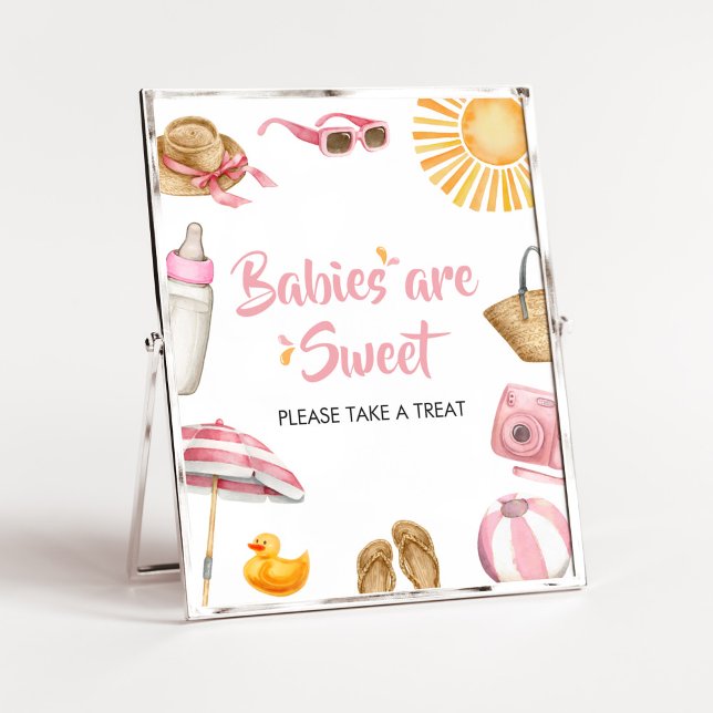 Poster Chás de fraldas de apresentação rosa são doces (Girl Summer Beach Baby Shower Babies are Sweet Sign)