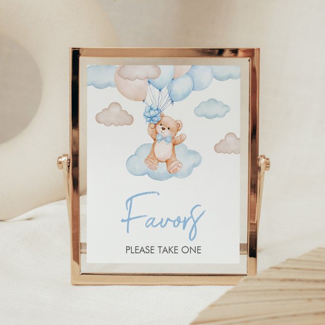Poster Chás de fraldas do Balão do Bear Azul (Blue Bear Balloon Baby Shower Favor Sign)