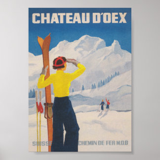 Poster Chateau D'oex Suiça Vintage Ski Viagem Poste