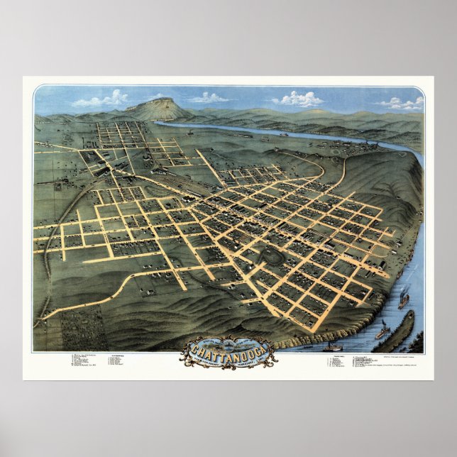 Póster Chattanooga, Mapa Panorâmico TN - 1871 (Frente)