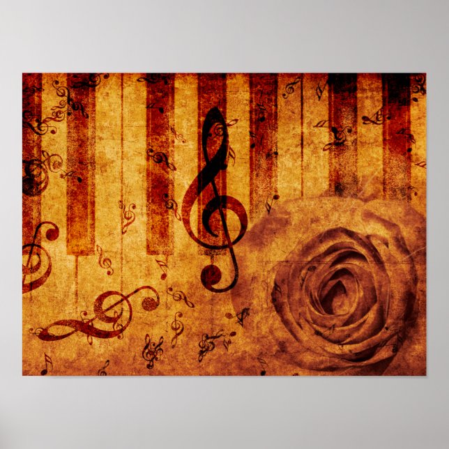 Poster Chaves de piano com notas musicais e rosa (Frente)