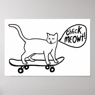 Poster Check Meowt Punny Skateboard Cat Black White