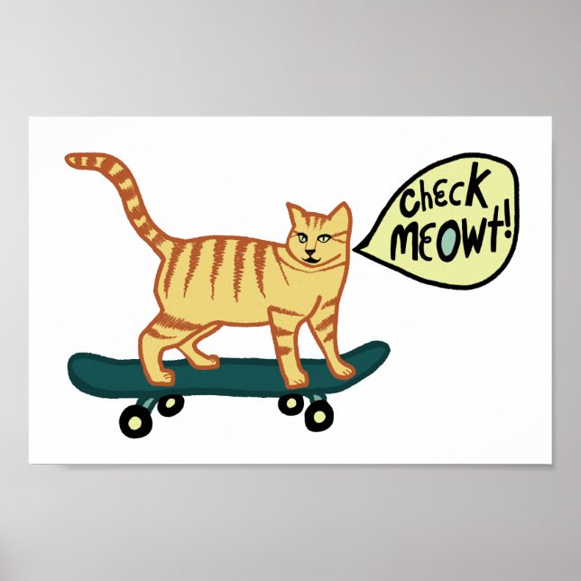 Poster Check Meowt Punny Skateboard Tabby Cat (Frente)