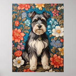 Poster Cheerful Schnauzer William Morris Inspired Floral