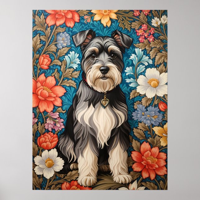 Poster Cheerful Schnauzer William Morris Inspired Floral (Frente)