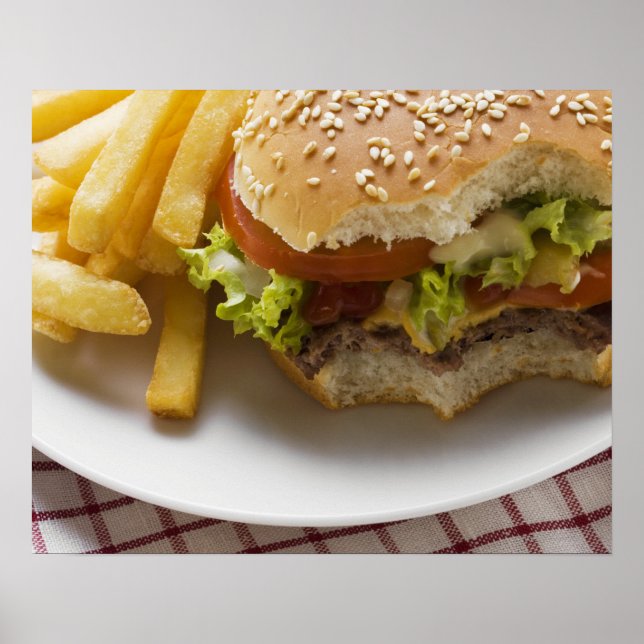 Póster Cheeseburger, mordidas com batatas fritas (Frente)