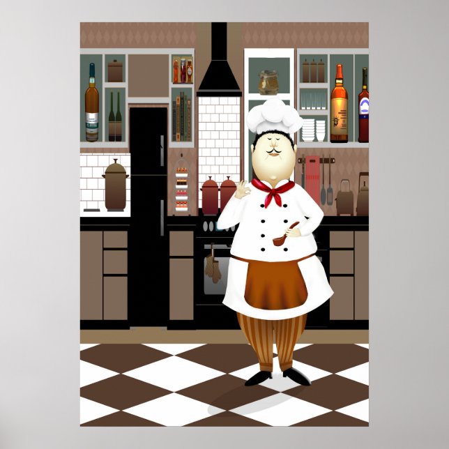 Poster Chef Engraçado com Grande Chapéu na Cozinha (Frente)