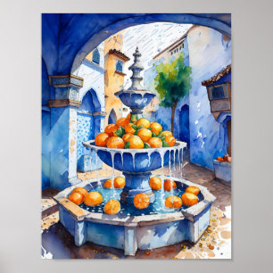 Poster Chefchouen Marrocos Orange Fountain Watercolor
