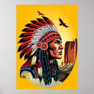 Poster Chefe Americano Nativo na paisagem selvagem Sunset