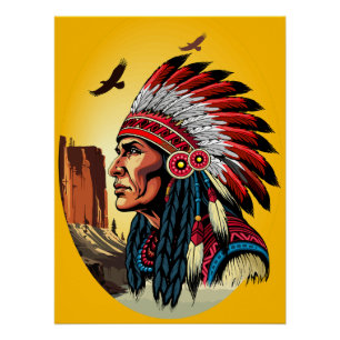 Póster Chefe Americano Nativo na paisagem selvagem Sunset