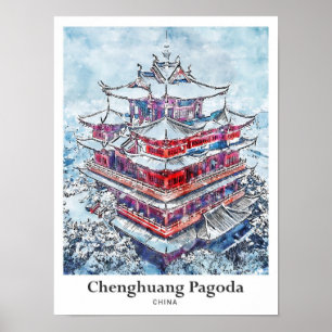 Poster Chenghuang Pagoda China Art Viagem Watercolor