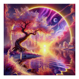 Póster Cherry Blossom Fantasy: Cena Tranquila do Sol