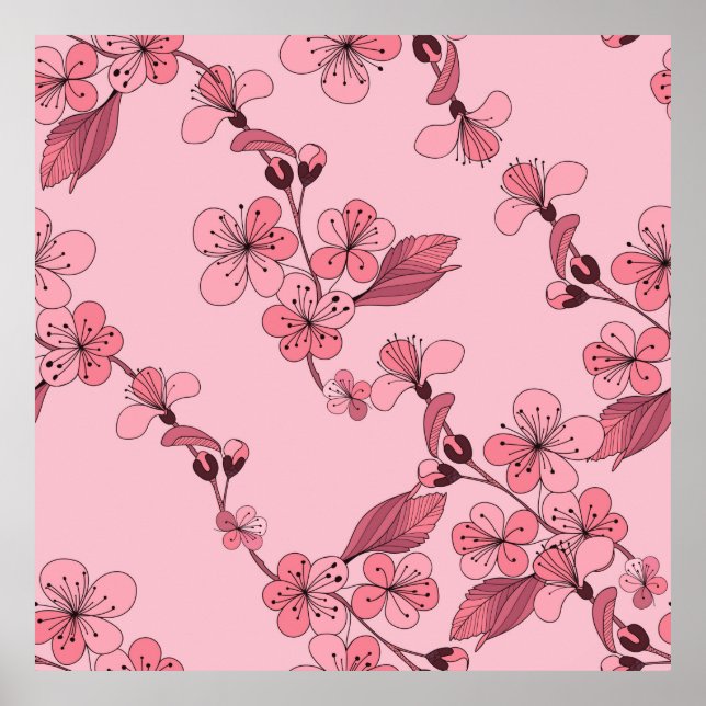 Poster Cherry blossom in pink colour on white background. (Frente)