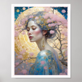 Poster Cherry Blossom Mulher Arte Círculos Rosa Dourado