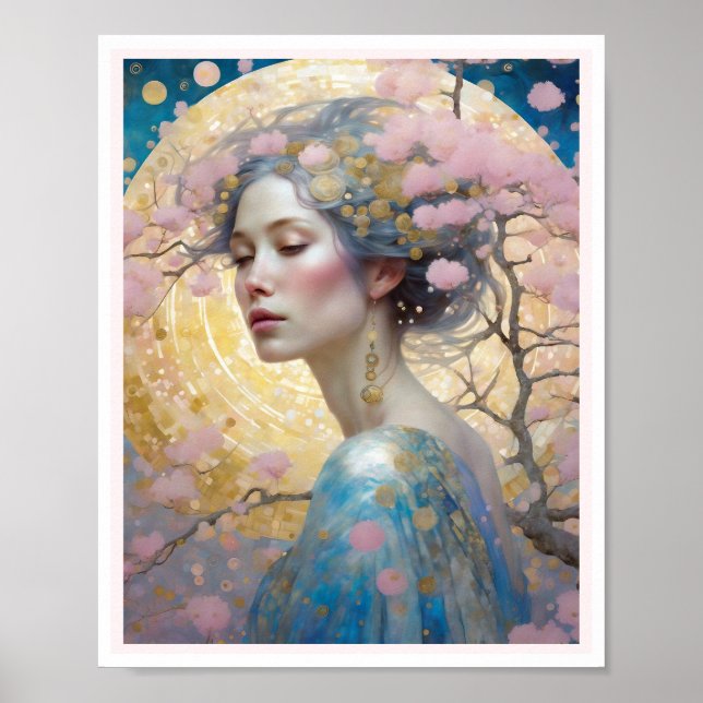 Poster Cherry Blossom Mulher Arte Círculos Rosa Dourado (Frente)