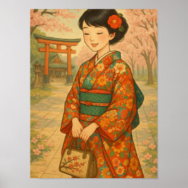 Poster Cherry Blossom Stroll - japonesa em Kimono