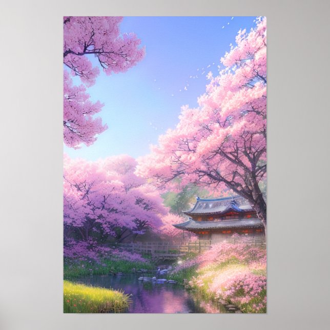 Poster Cherry Blossom Tea House perto do rio (Frente)