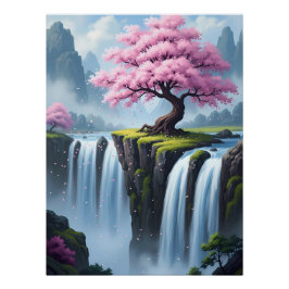 Póster Cherry Blossom Tree Above Waterfalls
