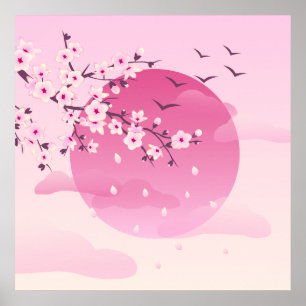 Poster Cherry Blossomo Japonês Paisagem Rosa