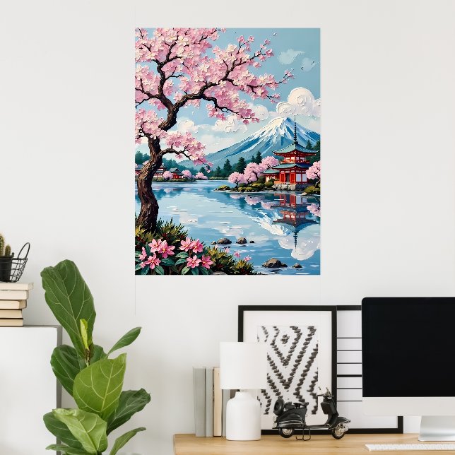 Poster Cherry Blossoms no lago Pagoda (Escritório em casa)