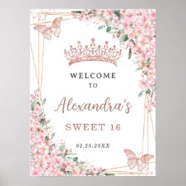 Poster Cherry Blossoms Rosa Butterflies Dourados Sweet 16