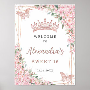 Poster Cherry Blossoms Rosa Butterflies Dourados Sweet 16