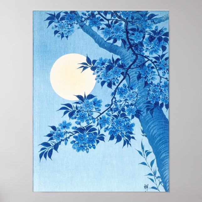 Poster Cherry Moonlit Night Ohara Koson Blue12 (Frente)