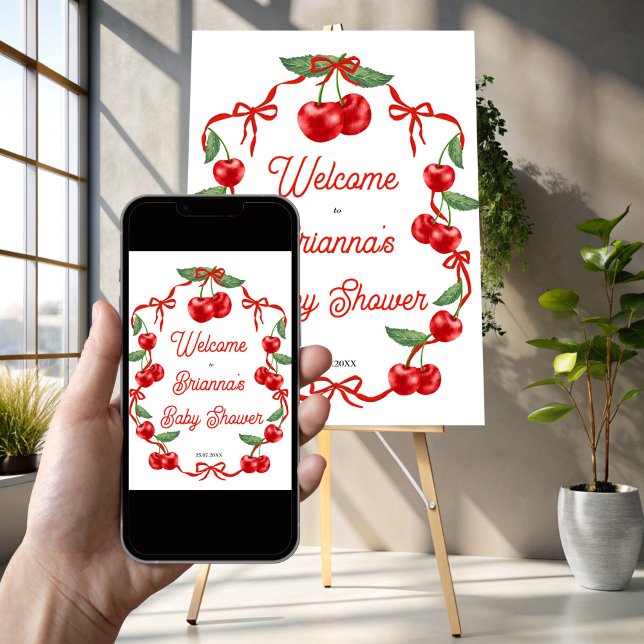 Poster Cherry no topo da fita chá de fraldas sinal de boa (Cherry on top red ribbon coquette cherry baby shower welcome sign poster template instant download)