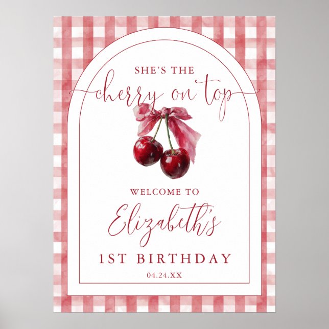 Poster Cherry On Top Bow Birthday Welcome Sign (Frente)