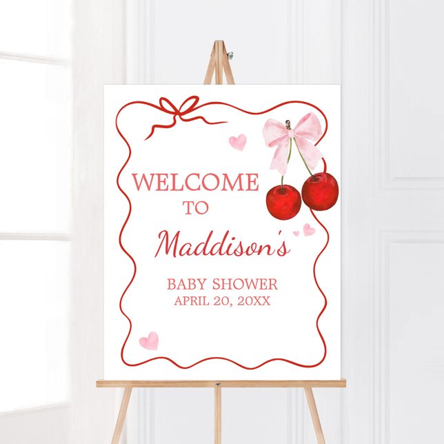 Poster Cherry on Top Pink Arco Chá de fraldas Welcome (Cherry on Top Baby Shower Welcome Sign)