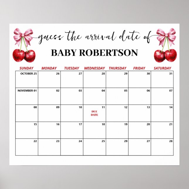 Poster Cherry Pink Coquette Baby Acho Calendário de Data  (Frente)