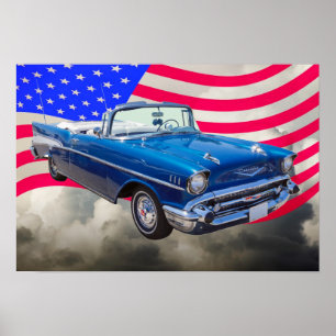 Poster Chevrolet Bel Air 1957 com bandeira americana