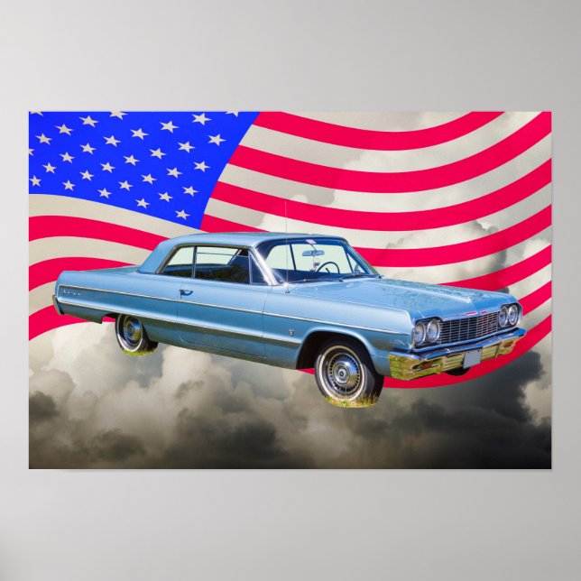 Póster Chevrolet Impala Car E Bandeira Americana De 1964 (Frente)