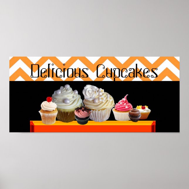 POSTER CHEVRON BRANCO DE LARANJA DE DESERTO DE CUPCAKE DE (Frente)