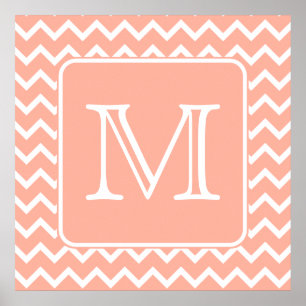 Póster Chevron cor-de-rosa e branco coral com monograma