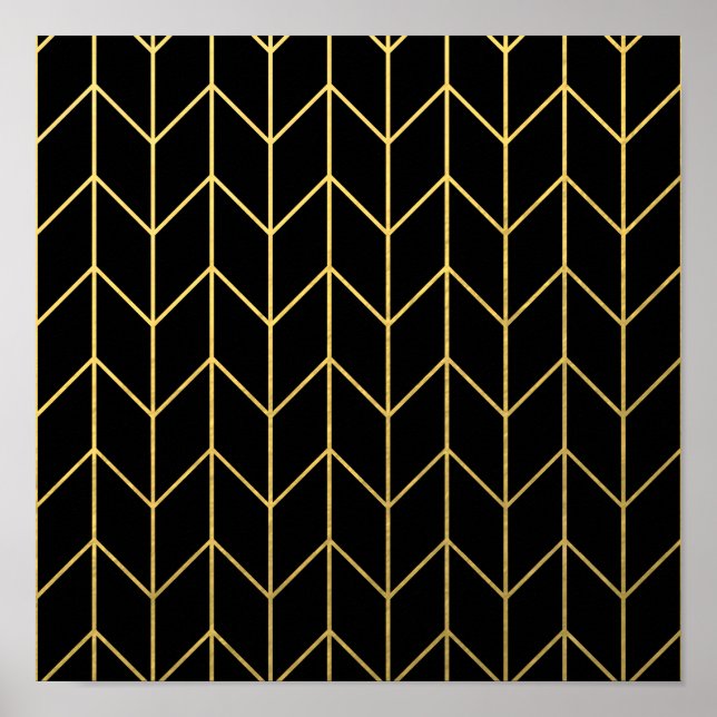 Poster Chevron Dourado em Chic Moderno de Fundo Preto (Frente)