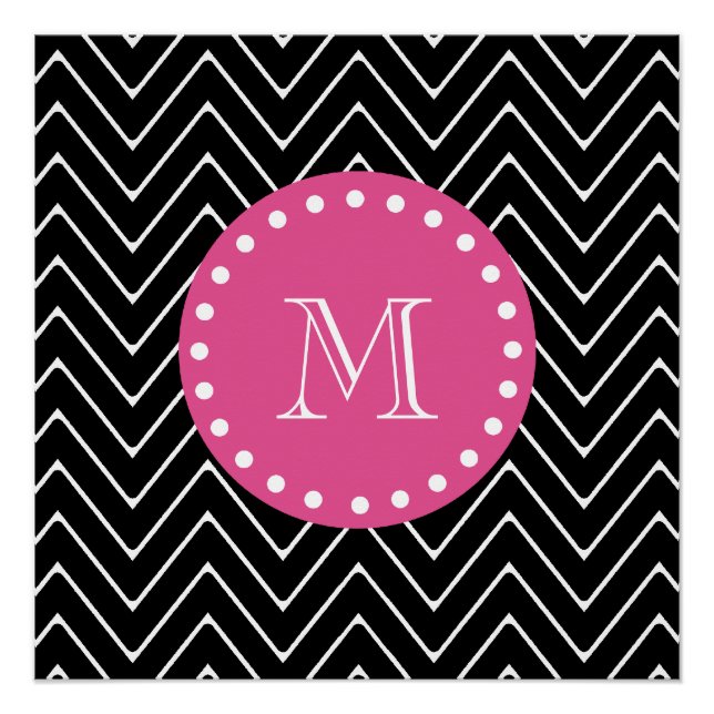 Póster Chevron Rosa-Quente, Preto e Branco | Seu Monogram (Frente)