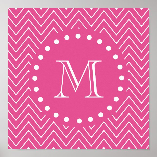 Poster Chevron Rosa Quente | Seu Monograma (Frente)